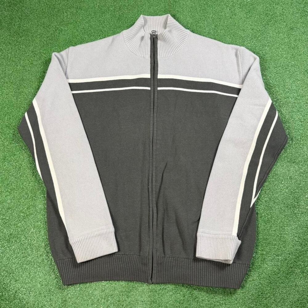 Anchor Blue Full Zip Striped Knit Sweater Y2K Skater Grunge Gray Black Mens XL